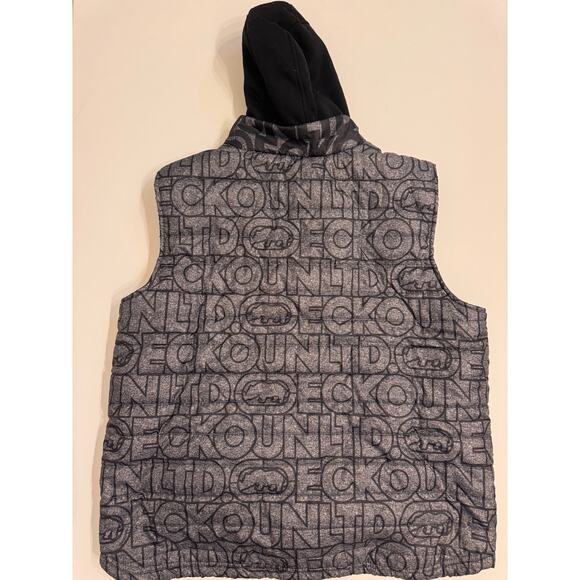 Men's Ecko Unltd Hooded Puffer Vest Full Zip Logo Text Print Gray Black Size 2XL - Picture 7 of 10